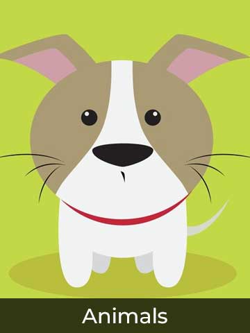 Adorable cartoon-style illustration of a puppy with floppy ears and a red collar, set against a bright green background.